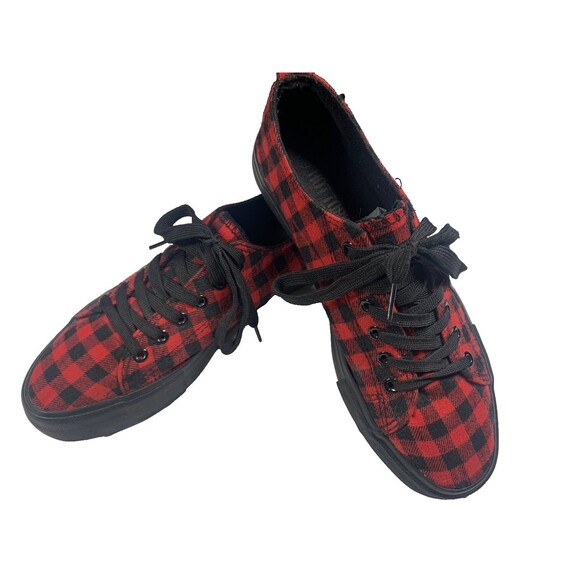 Hot Topic Sneakers Women Sz 11  Black Red Checked Flannel Gothic Punk Comfort - Picture 1 of 7